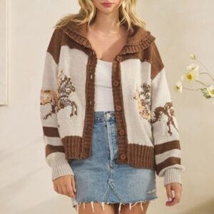 Cozy Horse Western Graphic Wide Collar Button Down Cardigan
